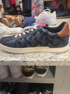 Coach Navy Monogram Leather-Trim Men’s Sneaker with Brown Heel